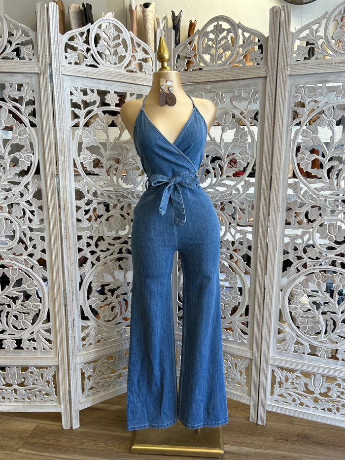 Denim Flare Backless Jumpsuit- Slightly Stretchy