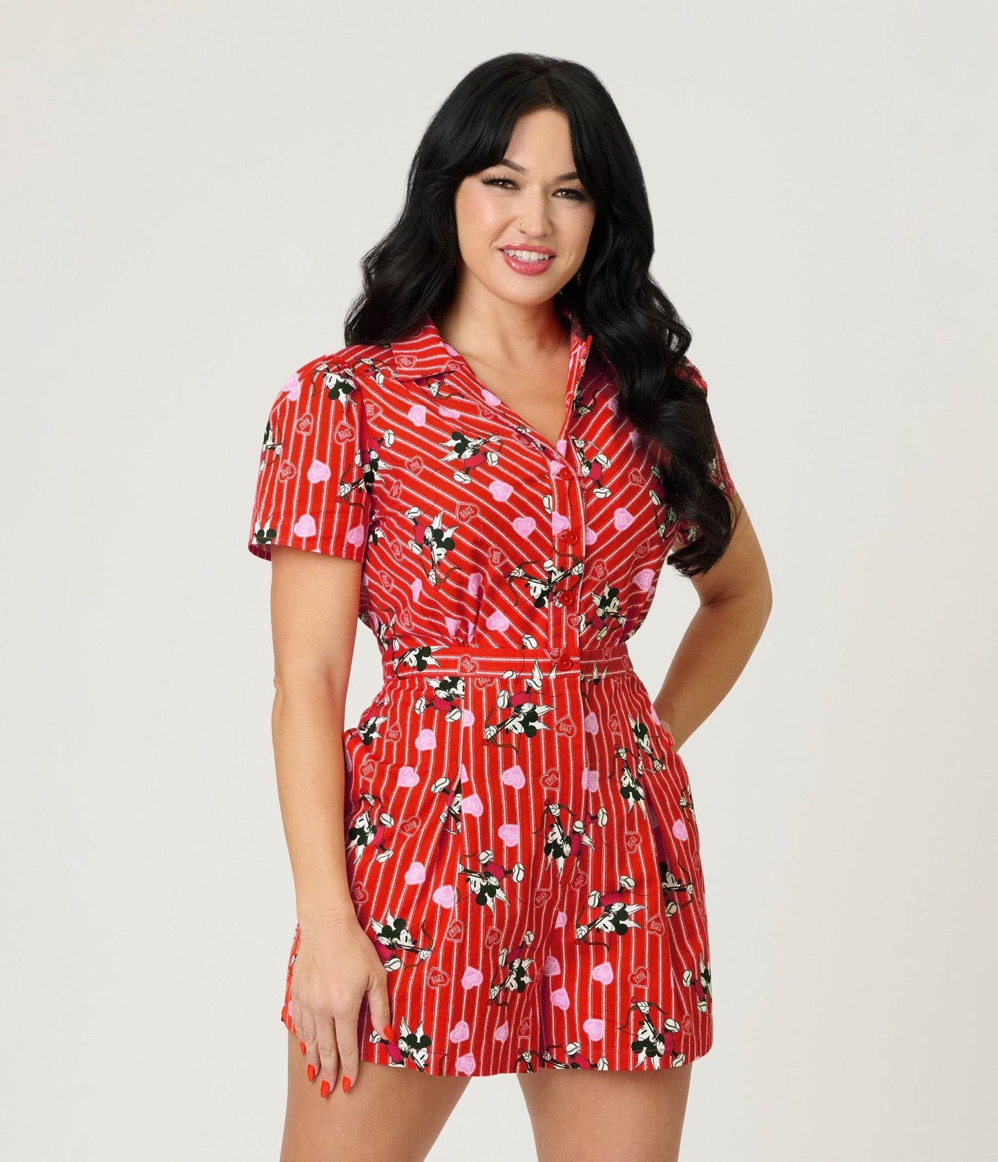 Disney Mickey & Friends Collection by Unique Vintage Red Striped Cupid Mickey Cotton Romper