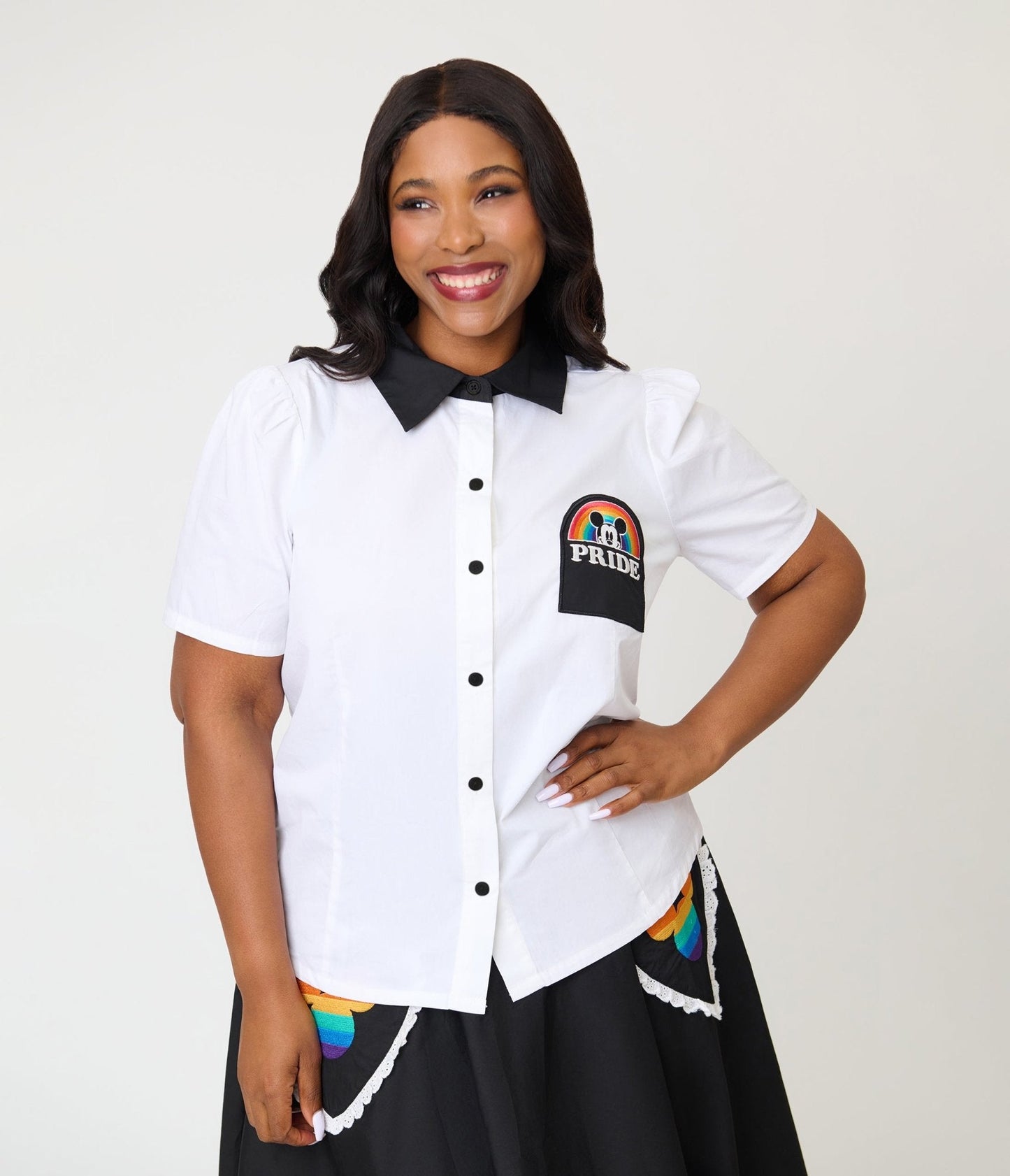 Disney Pride Collection by Unique Vintage Plus Size White Mickey Rainbow Pocket Collared Blouse