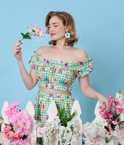 Disney Princess Collection by Unique Vintage Green Gingham Princess Floral Ruffle Up Crop Top