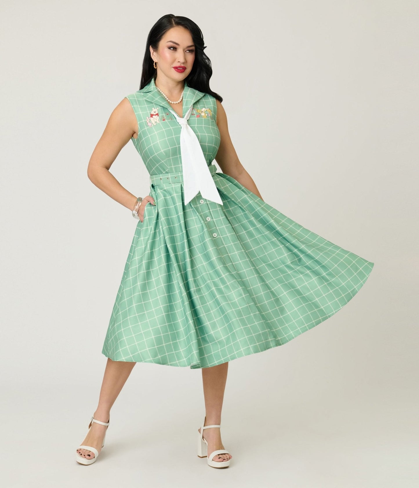 Disney Winnie the Pooh x Unique Vintage Green Plaid Edith Swing Dress