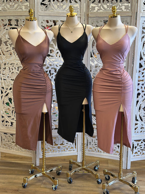 Double Strap Slit Midi Dress - Estira, Stretchy