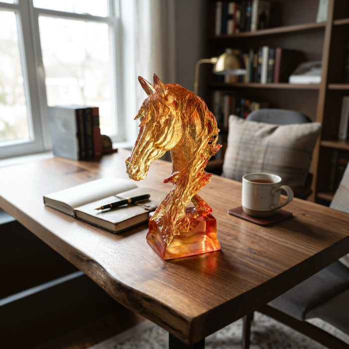 Amber glass horse head sculpture on wooden desk with notebook and coffee mug, home office decor