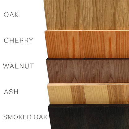 Five wood color options for step stools: oak, cherry, walnut, ash, and smoked oak