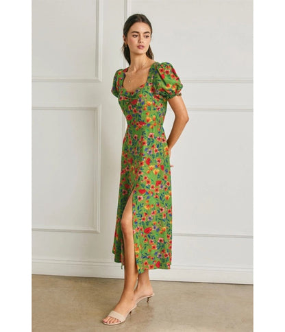 Green Floral Print Puff Sleeve Midi Dress