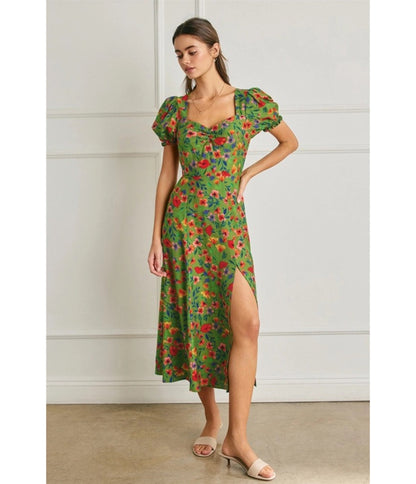 Green Floral Print Puff Sleeve Midi Dress