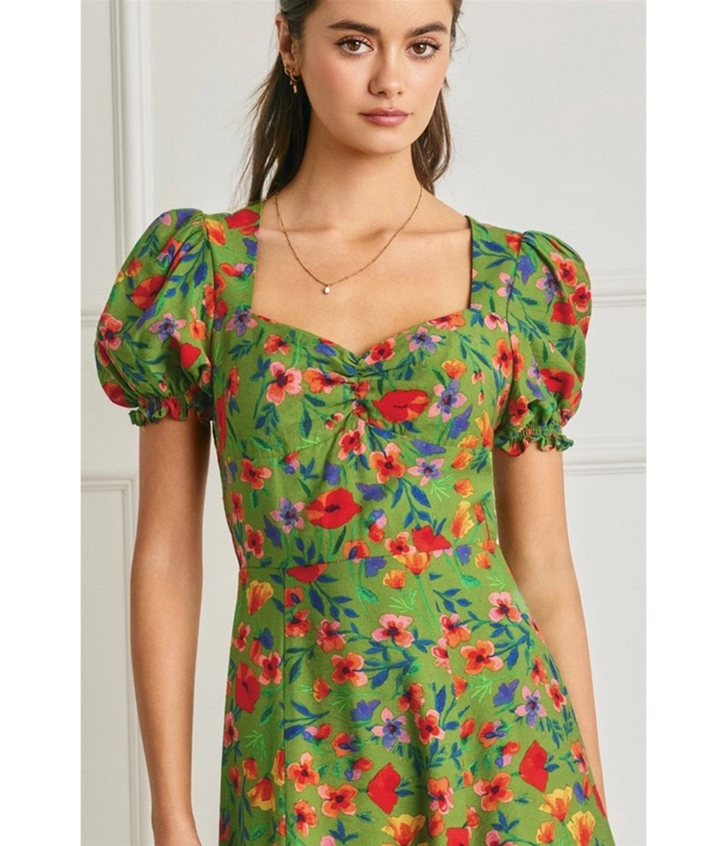 Green Floral Print Puff Sleeve Midi Dress