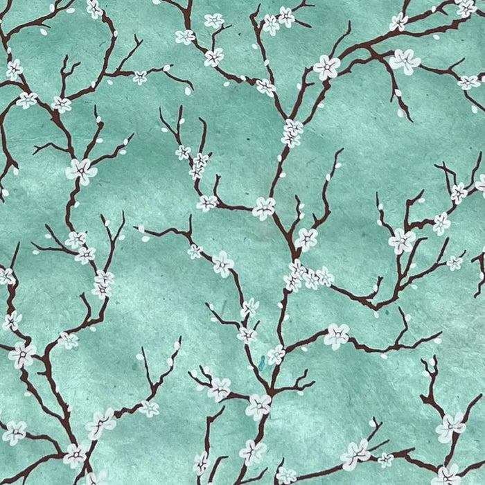 Handmade Nepal silkscreen paper: Peach Blossoms in blue