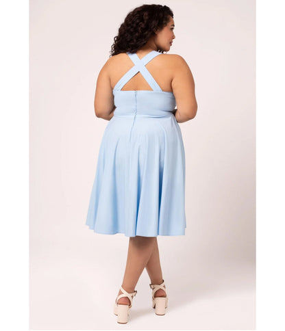 Hell Bunny Plus Size Sky Blue Tulip Embroidered Swing Dress