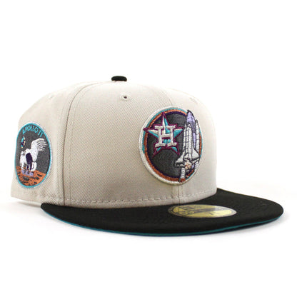 Houston Astros Apollo Patch New Era 59Fifty Fitted Hat (Glow in the Dark Stone Black Aqua Under Brim)