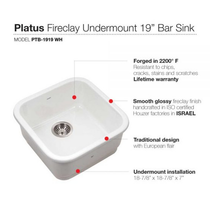Houzer Platus PTB-1919-BQ 19" Biscuit Single Square Undermount Fire Clay Sink