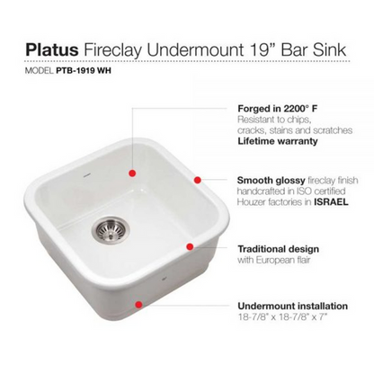 Houzer Platus PTB-1919-BQ 19" Biscuit Single Square Undermount Fire Clay Sink