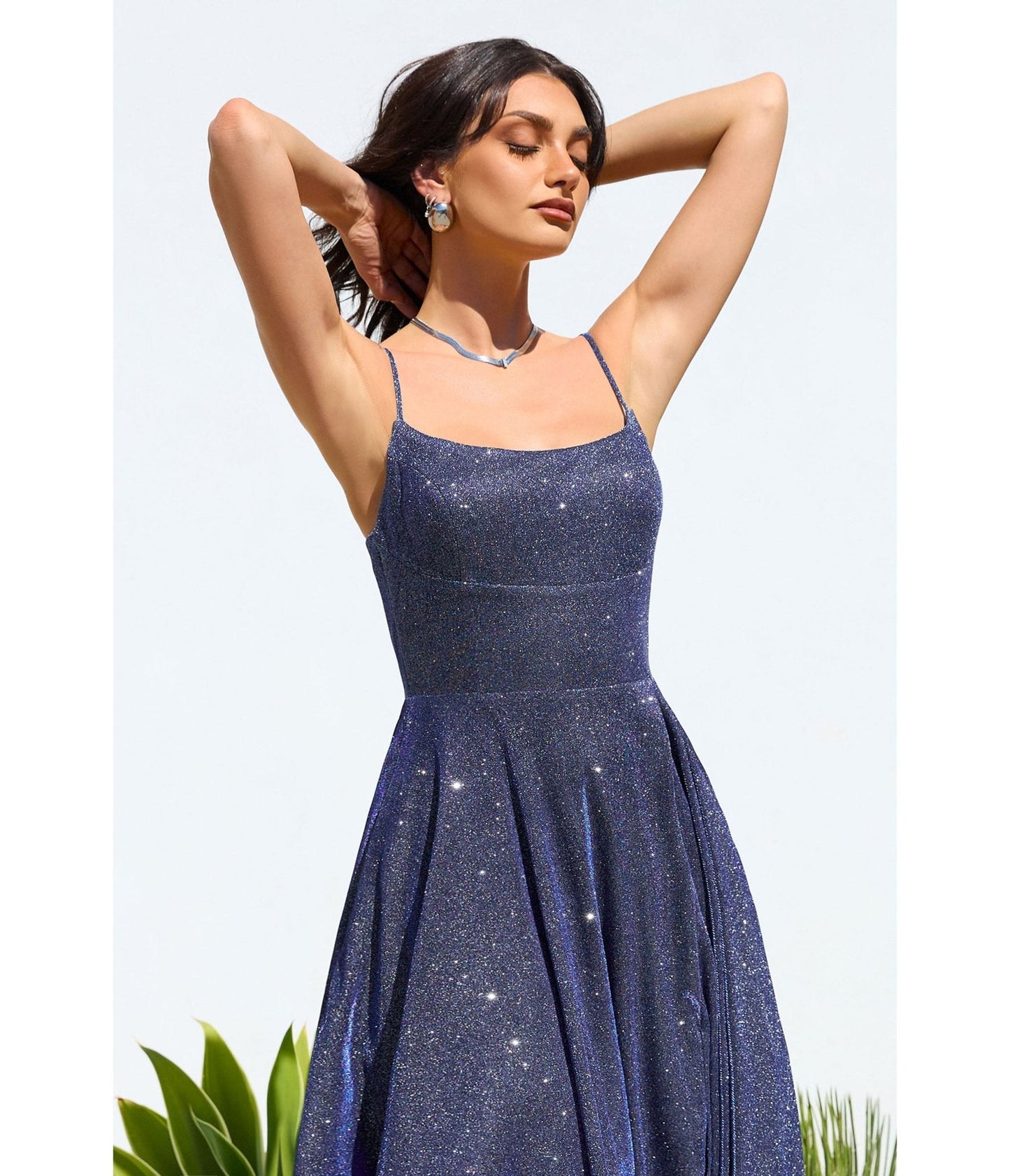 LaDivine by Cinderella Divine Navy Scoop Neck Iridescent Stretch Glitter Prom Gown
