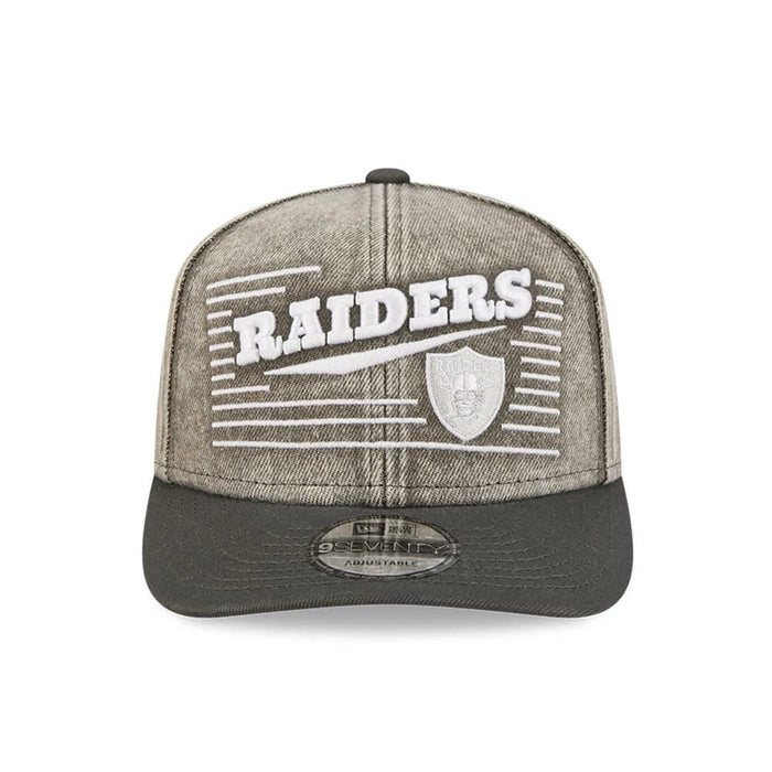 Pictured is this NFL Washed Denim Las Vegas Raiders 9SEVENTY Stretch Snap cap in dark grey. 2