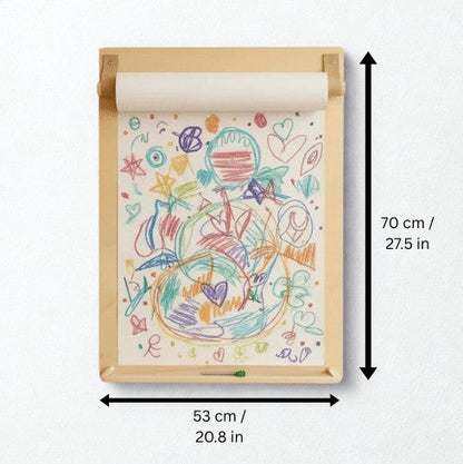 Dimensions of wooden drawing board showing 70cm height and 53cm width