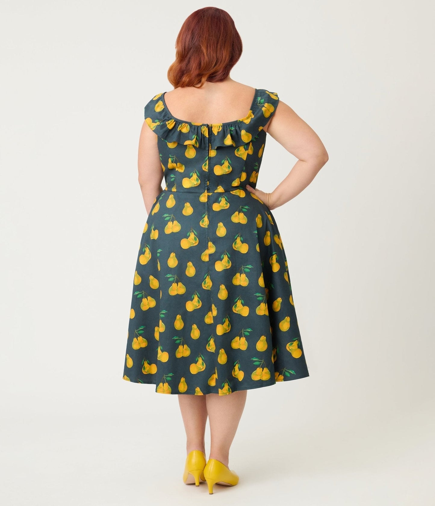 Magnolia Place Plus Size Black & Yellow Pear Print Barbara Swing Dress