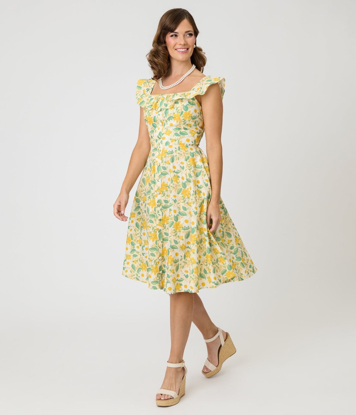 Magnolia Place Yellow Floral Cotton Barbara Swing Dress