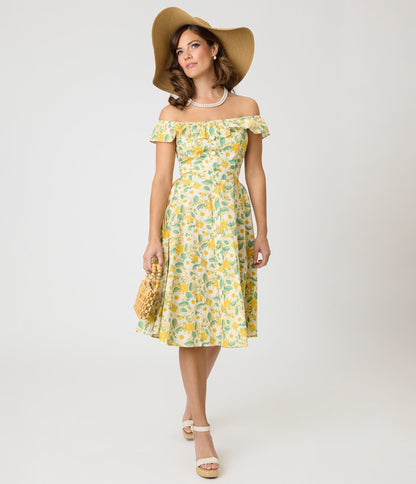 Magnolia Place Yellow Floral Cotton Barbara Swing Dress