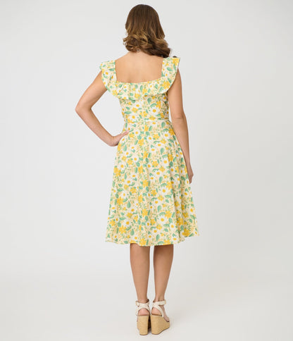 Magnolia Place Yellow Floral Cotton Barbara Swing Dress