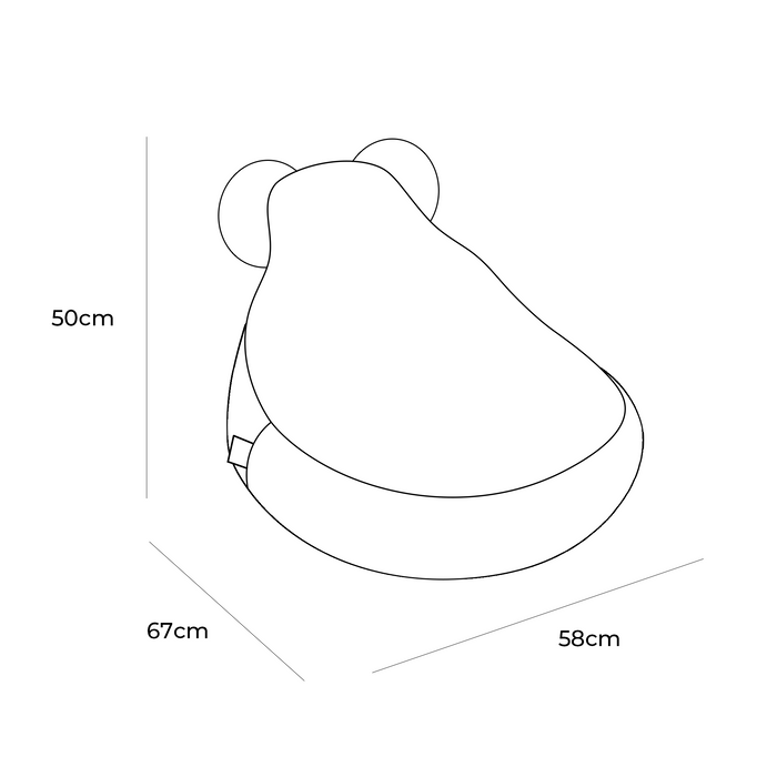 Teddy bean bag dimensions diagram showing 50cm height, 67cm width, and 58cm depth measurements