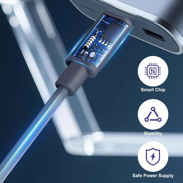 USB-C power lead routed to mini router in campervan