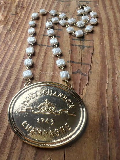 Moet & Chandon Champagne Label Medallion Necklace Pearl