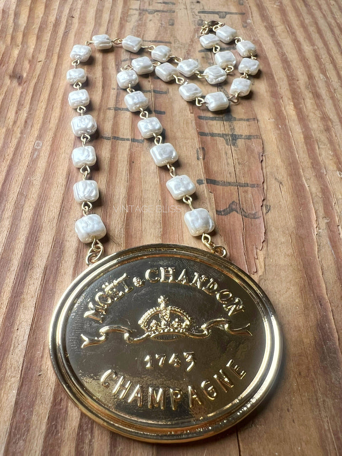 Moet & Chandon Champagne Label Medallion Necklace Pearl