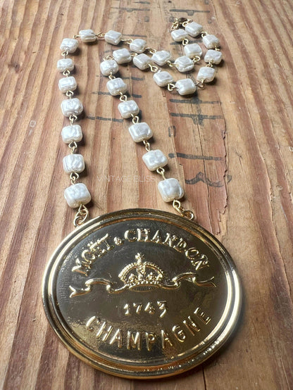 Moet & Chandon Champagne Label Medallion Necklace Pearl