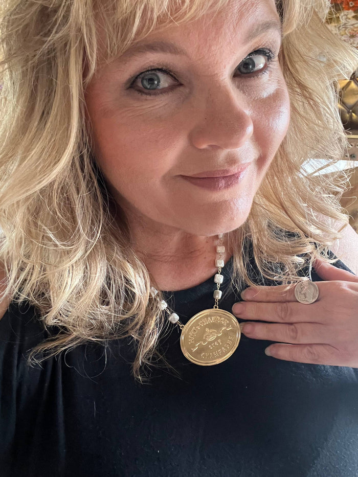 Moet & Chandon Champagne Label Medallion Necklace Pearl