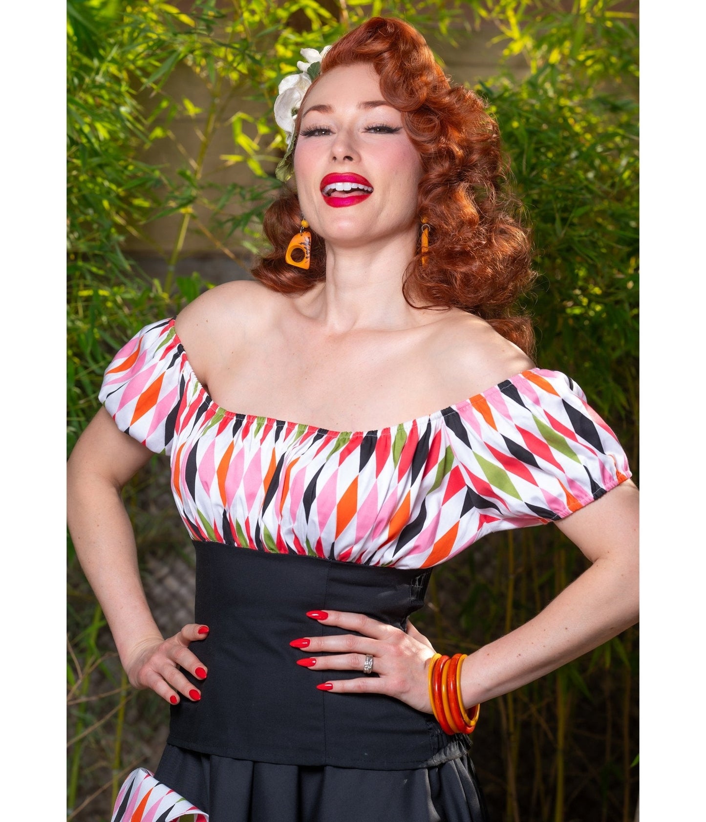 Multicolor Diamond Print Peasant Top