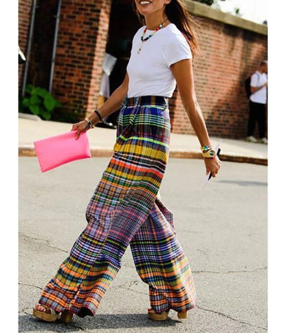 Multicolor Plaid Wide Leg Pants