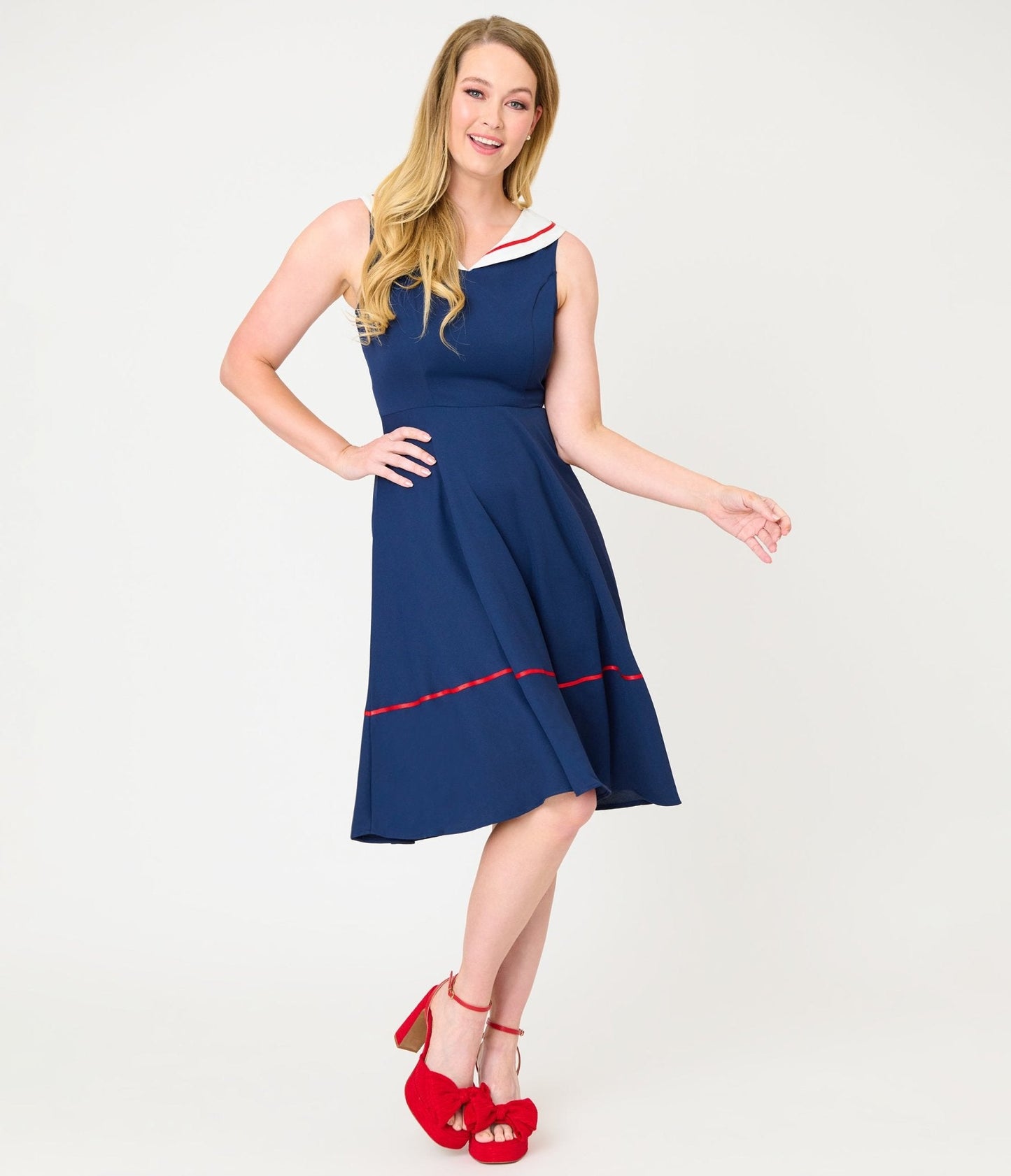 Navy & White Collared Flare Dress