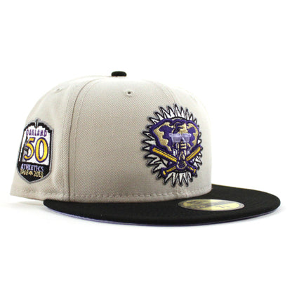 Oakland Athletics 50th Anniversary New Era 59Fifty Fitted Hat (Stone Black Lavender Under Brim)