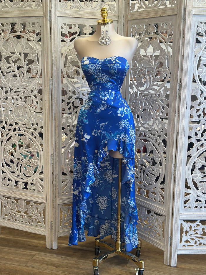 Ocean Blue Floral Ruffle Dress-No Estira, Not Stretchy