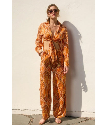 Orange & Brown Retro Abstract Print Wide Leg Pants