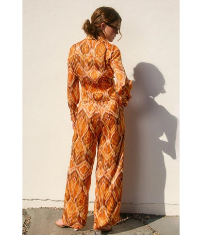 Orange & Brown Retro Abstract Print Wide Leg Pants