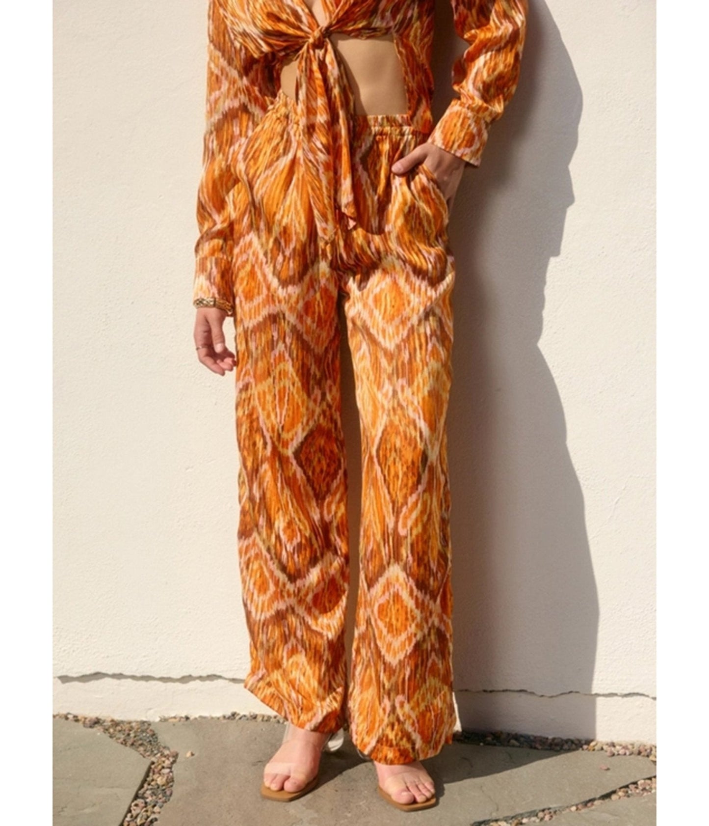 Orange & Brown Retro Abstract Print Wide Leg Pants