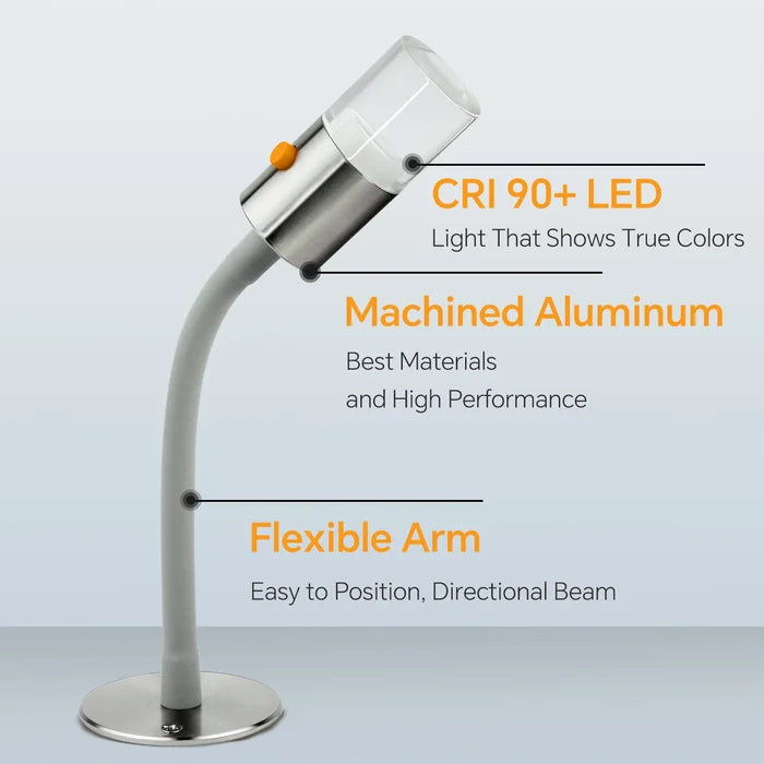 LED reading light with dimming feature in aluminum