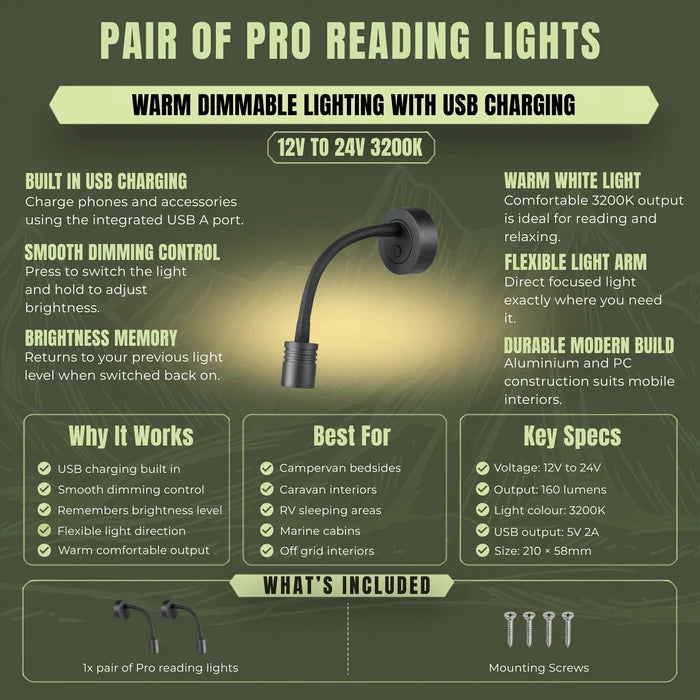 Pair of Pro LED reading lights with USB charging and touch dimming for caravans