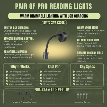 Pair of Pro LED reading lights with USB charging and touch dimming for caravans