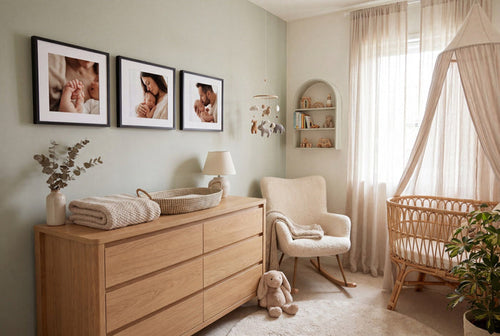 First Steps gallery wall — three 8×8 inch photo tiles above a nursery dresser