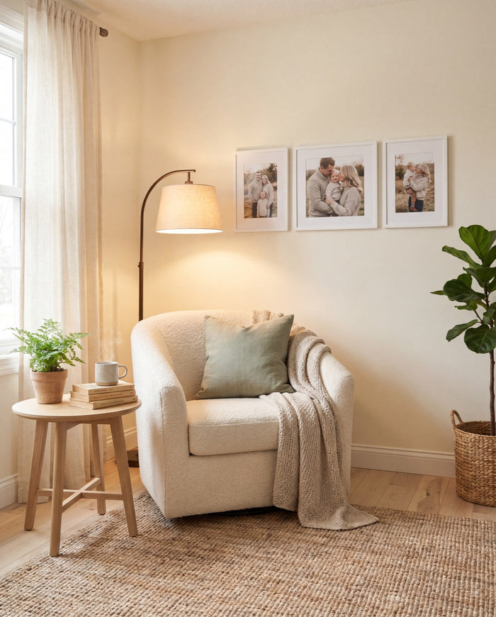 Trio Mix gallery wall — one square photo tile flanked by two portrait tiles
