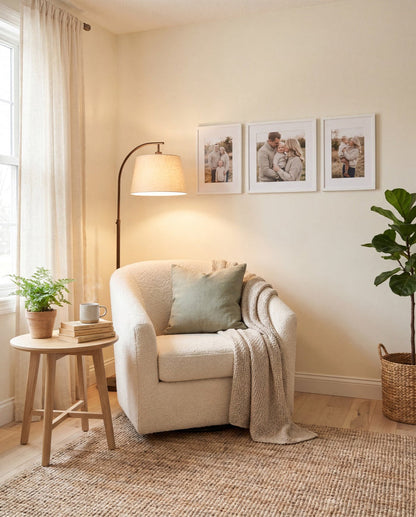 Trio Mix gallery wall — one square photo tile flanked by two portrait tiles