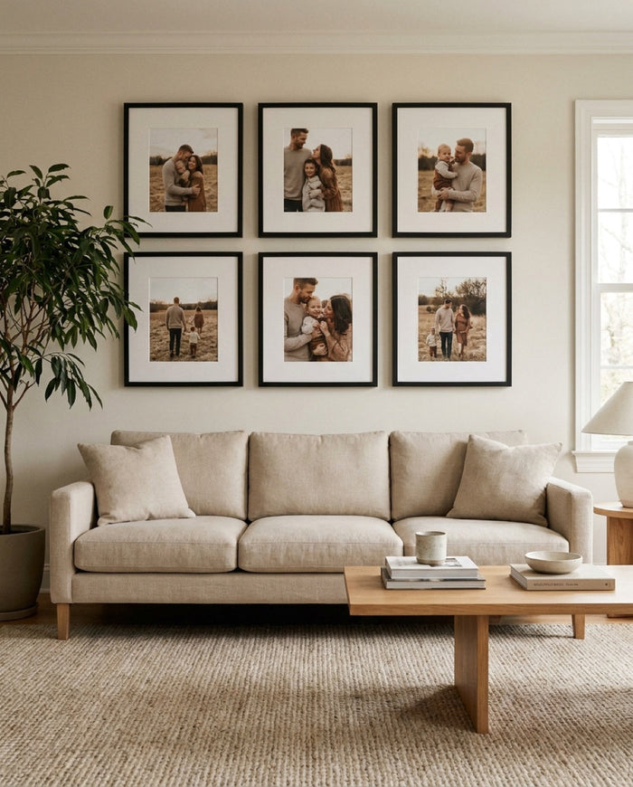 Family Six gallery wall — a 2×3 grid of square photo tiles above a sofa