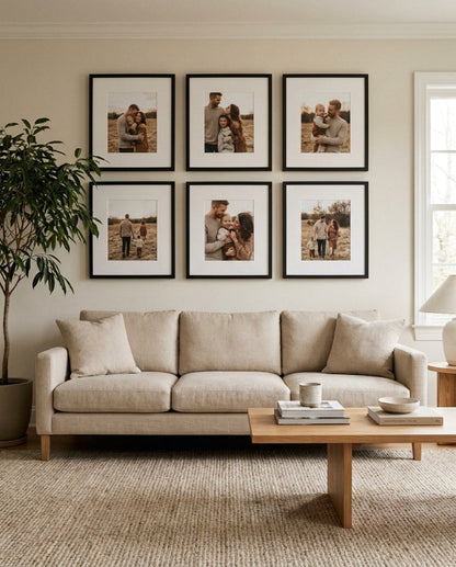 Family Six gallery wall — a 2×3 grid of square photo tiles above a sofa