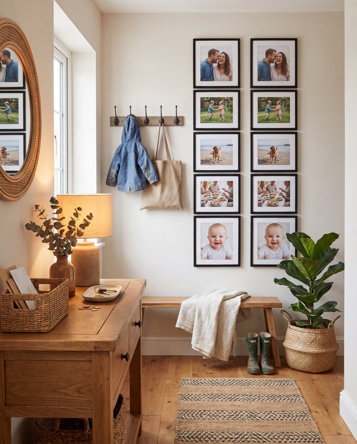 Tall Story gallery wall — two columns of portrait and landscape photo tiles in a hallway
