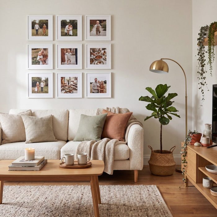 Statement Nine gallery wall — a precise 3×3 grid of square photo tiles