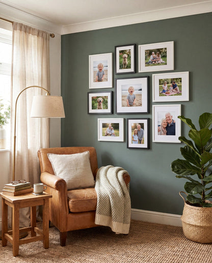 Salon Cluster gallery wall — an asymmetric grouping of mixed-size photo tiles
