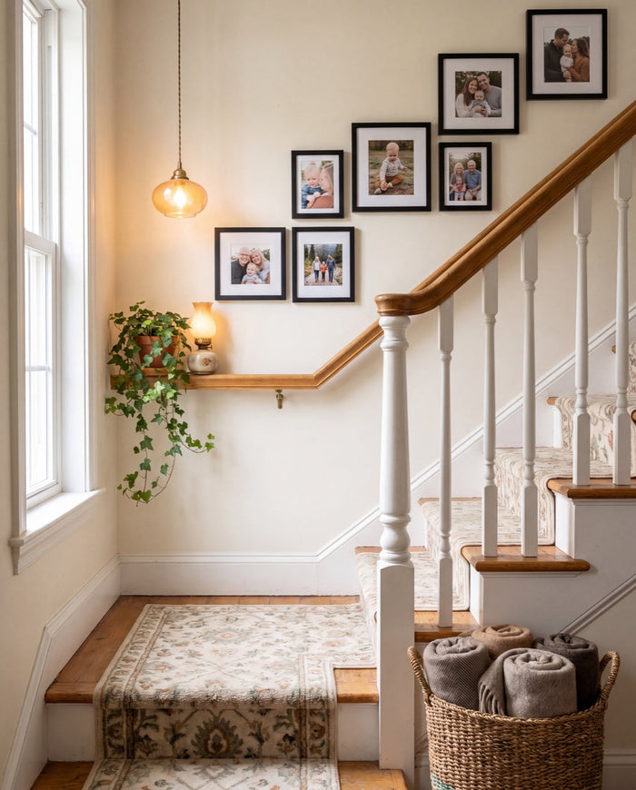 Up the Stairs gallery wall — six photo tiles following a staircase wall