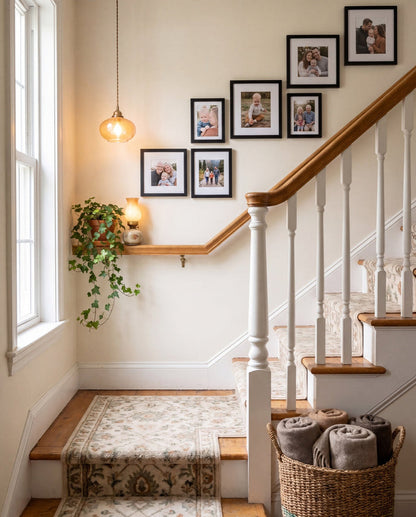 Up the Stairs gallery wall — six photo tiles following a staircase wall